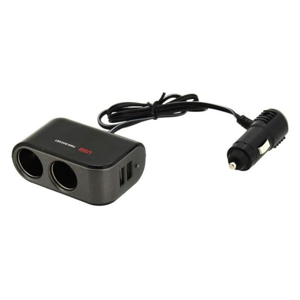 Autós szivargyújtó elosztó – 12/24V, 2 aljzattal és 2 USB-porttal 07422
