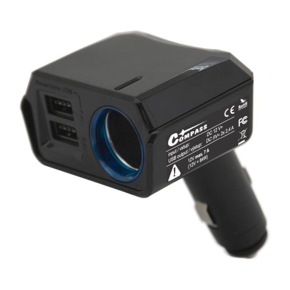 Autós töltőadapter – 2× USB DUAL-SIDE + 12V kimenet, 2400 mA 07431