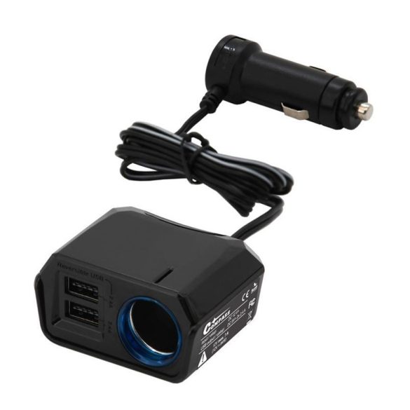 Autós töltőadapter  1 m kábellel – 2× USB DUAL-SIDE + 12V kimenet, 2400 mA 07432
