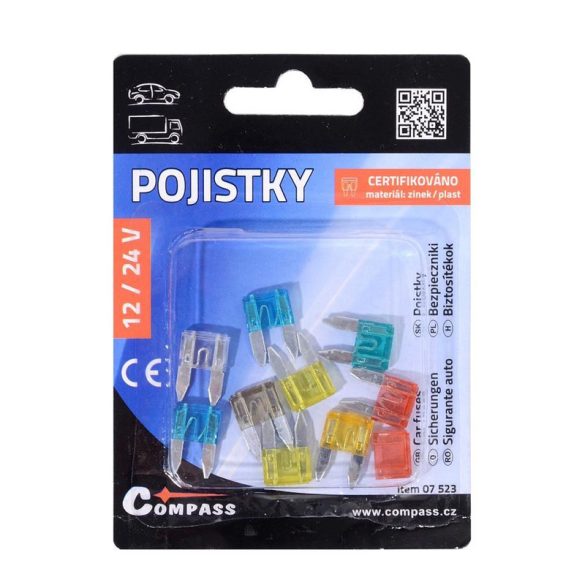 Compass Autós Biztosíték Készlet – 10 Darabos, Színes Mini Lapátbiztosítékok 12/24V-hoz 07523