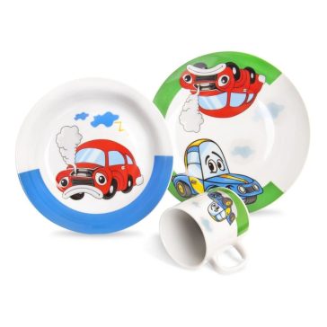   3 részes porcelán gyerek reggelizőszett, autós mintával 112351