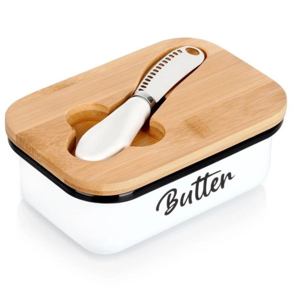 Fehér Fém Vajtartó Bambusz Fedéllel és Vajkéssel (16 x 10,5 cm) 139515