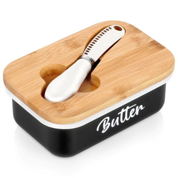 Fekete Fém Vajtartó Bambusz Fedéllel és Vajkéssel (16 x 10,5 cm) 139516