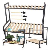   Gurulós virágtartó állvány 2 szintes, fém vázzal és fa polcokkal 27398_CZ