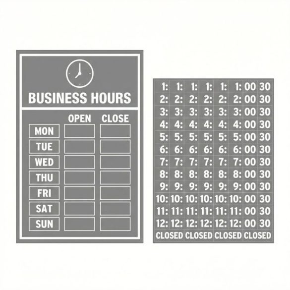 2 darabos Üzleti Nyitvatartás Matrica Készlet – UV-álló, Átlátszó Vinyl 4QM235W75X