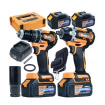   BLACK Mega akkus szerszámkészlet 21V 2×4Ah – 3in1 ütvefúrókalapács, sarokcsiszoló, ütvecsavarozó –  53745