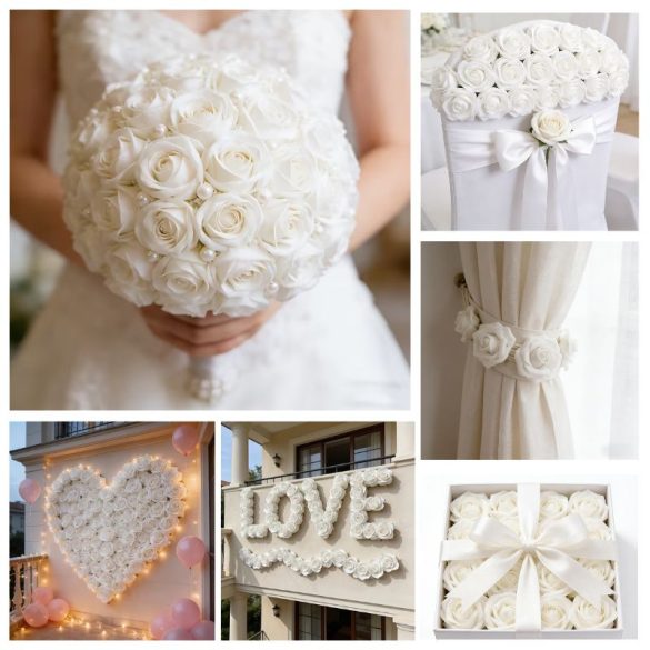 Fehér mű Rózsafejek 51db dekorációhoz, esküvőhöz 59M7652Q24