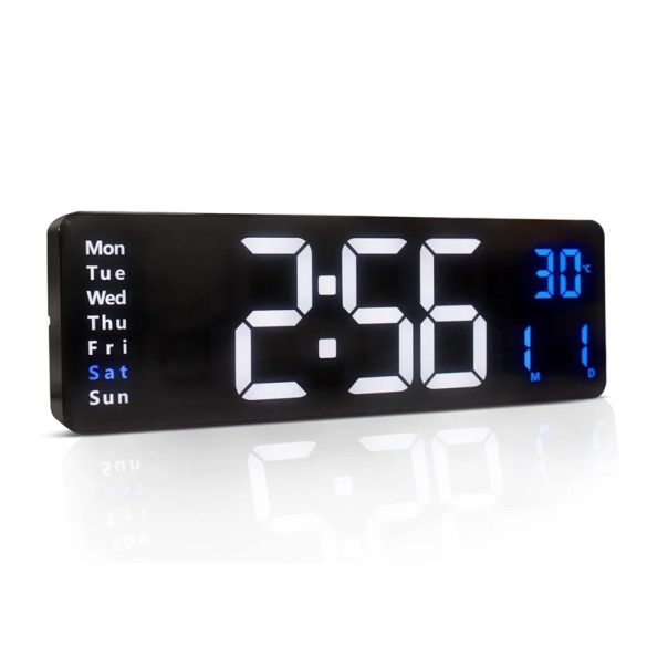 Műanyag Digitális Fali Óra – 40 cm LED Kijelző, Dátum, Hőmérséklet, Távirányító – Kék-Fehér – 6286408
