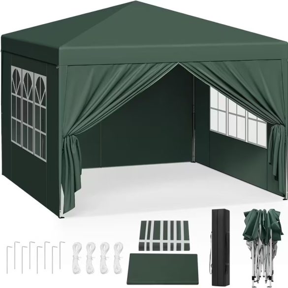 3×3 m Gazebo összecsukható sátor ablakos oldalfalakkal zöld 71MQ75001Q-Z