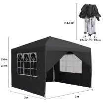   3×3 m Gazebo összecsukható sátor ablakos oldalfalakkal fekete 71MQ75001Q