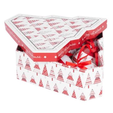   MagicHome karácsonyfadísz gömb szett fenyőfa mintával, 6 db, 7,5 cm, piros-fehér 8091330