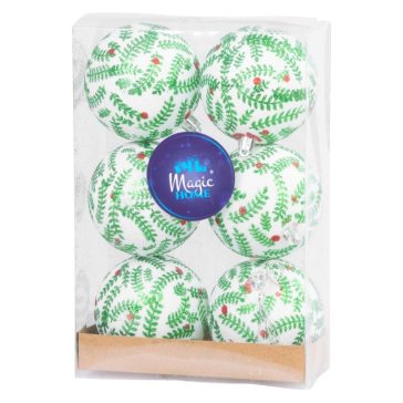   MagicHome karácsonyfadísz gömb szett, 6 db, 8 cm, matt fehér csillámos díszítéssel 8091512