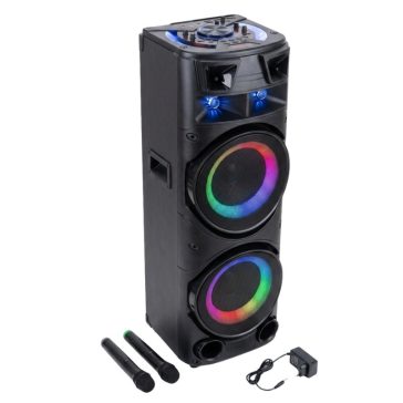   Hordozható party hangfal 2 × 12" hangszóróval, LED-világítással és 2 mikrofonnal AO-1221