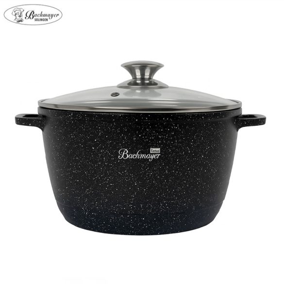 BACHMAYER Tapadásmentes vastagfalú magas lábas üveg fedővel – 24 cm, fekete, 6 liter – BM-7885-24