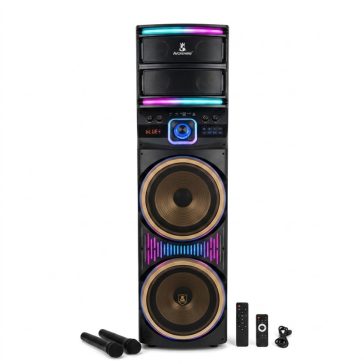   AVCROWNS akkumulátoros party hangfal 2 × 12" hangszóróval, LED-világítással és 2 mikrofonnal CH-21202