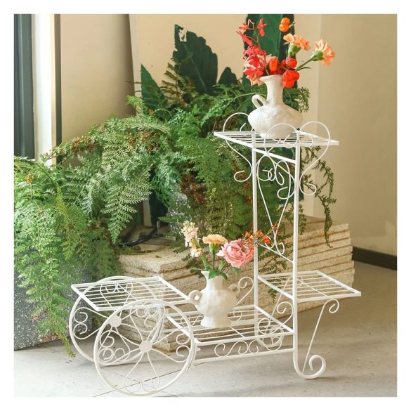 Vintage kocsi formájú fém virágcserép állvány fehér– 68 x 68 cm EQ124420-2