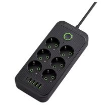   6 aljzatos hosszabbító, 3 USB + 1 Type-C porttal, 1.2m kábel, fekete F018U-BLACK