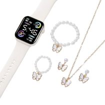   6 Részes Női Digitális Óra és Pillangós Ékszer Szett - Fehér/Arany HF6259183