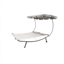   Kétszemélyes Kerti Pihenőágy Állítható Napellenzővel – Világosszürke LE02