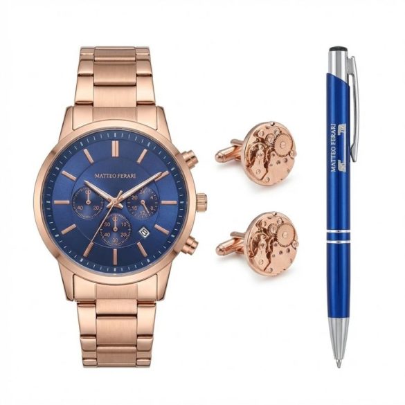 Matteo Ferari "Royal Blue" Férfi Ajándékszett – Rose Gold Óra, Mandzsettagomb és Toll (Fekete Díszdobozban) MF01RB