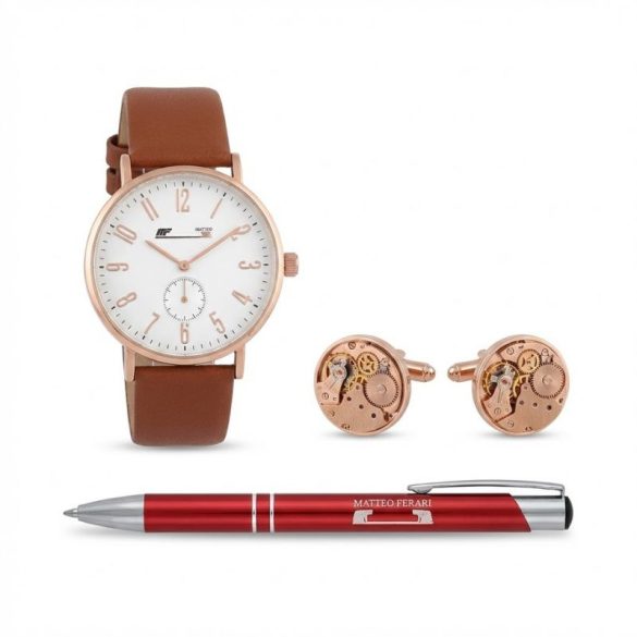 Matteo Ferari "Classic Rose" Férfi Ajándékszett – Óra, Mandzsettagomb és Toll (Bézs Díszdobozban) MF02B