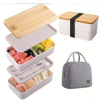  Többrétegű ételhordó doboz bambusz fedéllel és táskával fehér ND1306058