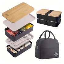   Többrétegű ételhordó doboz bambusz fedéllel és táskával fehér/fekete ND1306058ff