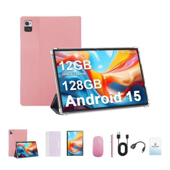 CRELANDER CR 10.1" Android 15 Tablet – Rózsaszín tok, billentyűzet, egér és toll szettel PR6580737R