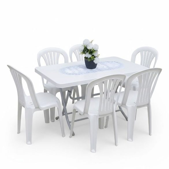 PVC kerti bútor szett asztallal és 6 székkel fehér PVC-RAT-21