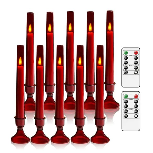 10 db Láng Nélküli Gyertya Dekorfény Távirányítóval és Gyertyatartóval - PIROS PX879351