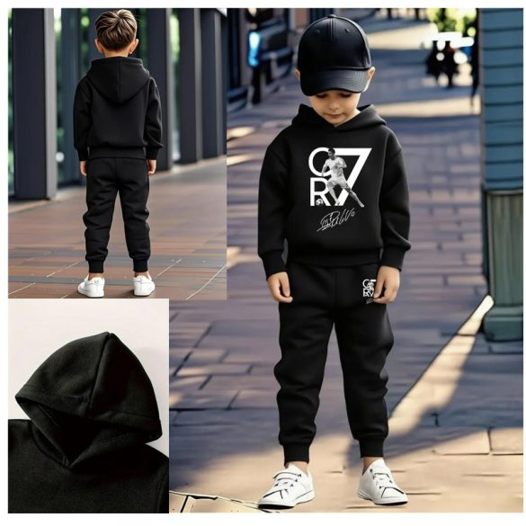 2 részes CR7 focista mintás kapucnis pulóver és melegítőnadrág szett – Fekete QP4086256