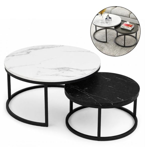 2 az 1-ben kerek dohányzóasztal szett, fehér és fekete 60 és 80 cm STL14BCZ