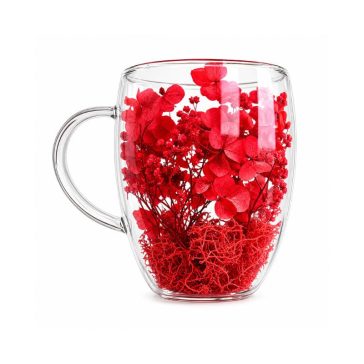   Hőálló duplafalú üvegpohár vegyes virágdíszítéssel, piros, 300 ml SZK193