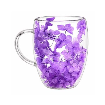   Hőálló duplafalú üvegpohár hortenzia virágdíszítéssel, lila, 300 ml SZK216