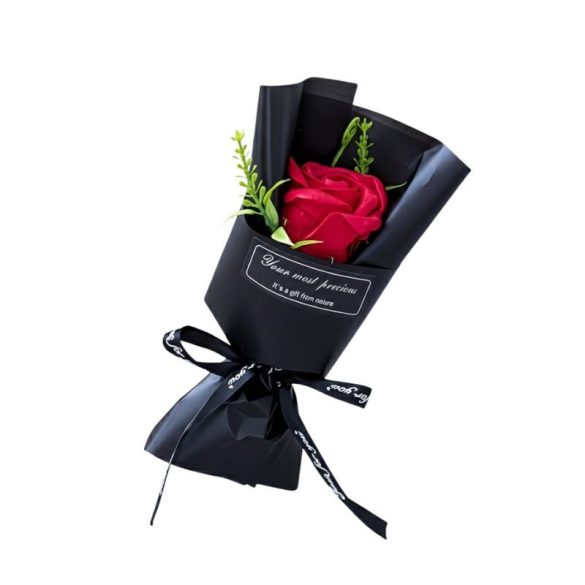 "Prémium Romantika" Mini Szappanrózsa Csokor – Vörös Rózsa Fekete Papírban UU584697-P