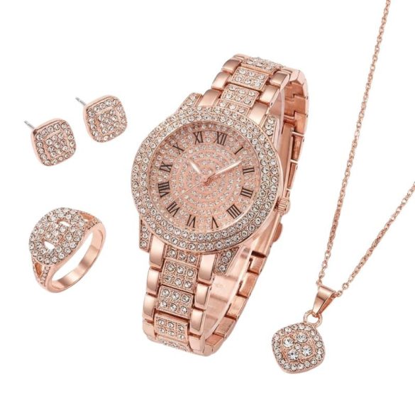 5 Részes Luxus Női Karóra és Ékszer Szett Strasszkövekkel - Rózsaarany Színben VJ9749671-RG