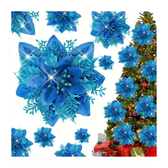 Karácsonyi glitteres virágdísz szett – 15 db, kék, 14 cm – VT4955153-4