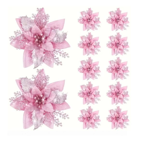 Karácsonyi glitteres virágdísz szett – 15 db, rózsaszín, 14 cm – VT4955153-5