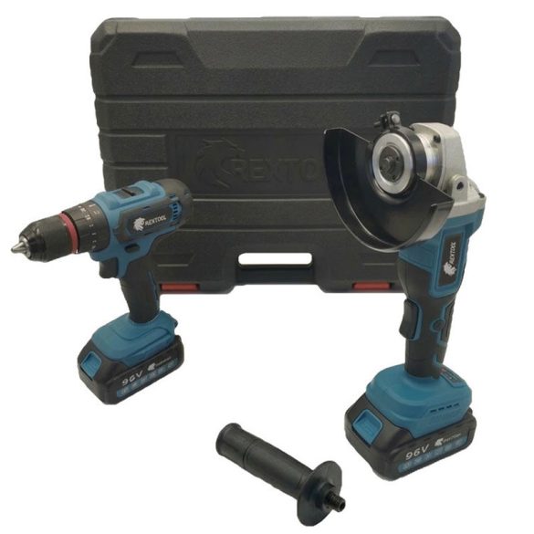 Rextool 96V Akkumulátoros szerszámkészlet – fúró és sarokcsiszoló szett holm8891